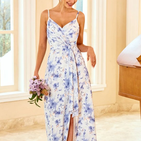 Zapaka Dresses & Skirts - Zapaka Spaghetti Straps Blue Floral Print Bridesmaid Dress